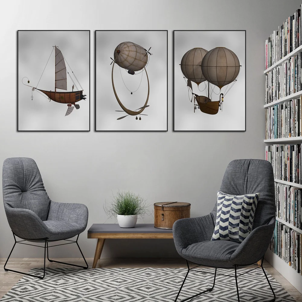 

European Retro Minimalist Hand-painted Spaceship Hot Air Balloon Canvas Painting Posters Wall Art Picture For Home Decoration