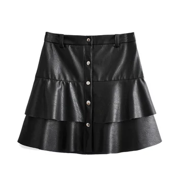 

Women short skirt black pu faux leather skirts SML ruffles two layer drop shipping