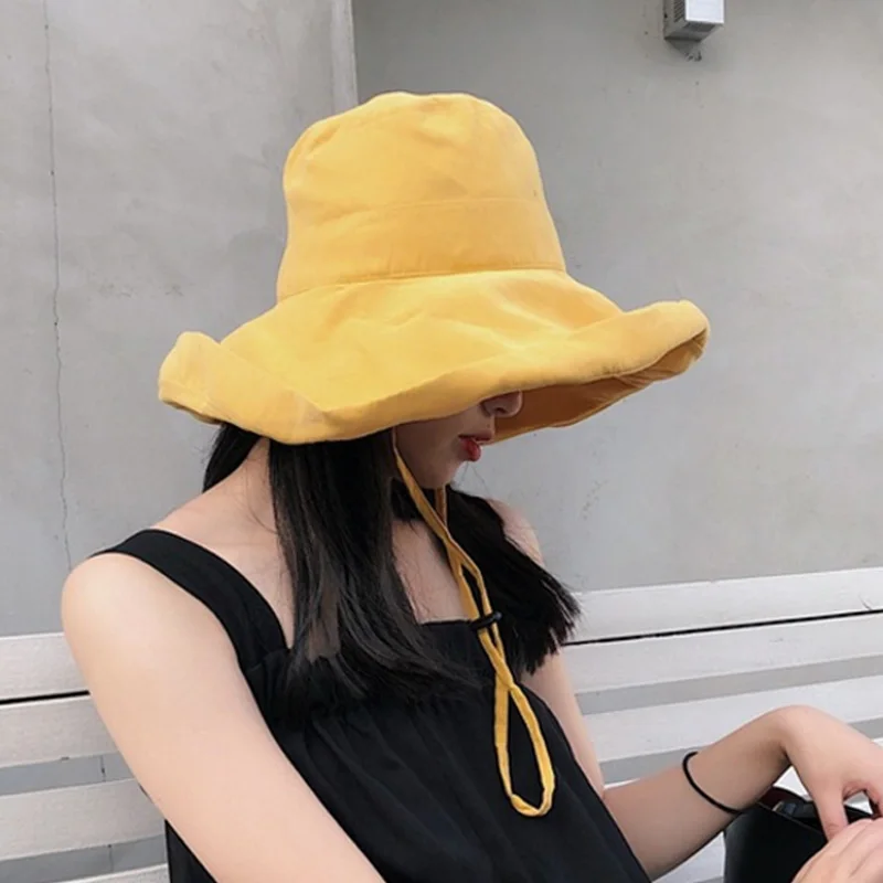 Hot HG-Beach Hats Women Summer Large Wide Brim Foldable Sun Hat Chapeau Female Girl Plain Anti-Uv Sun Visor Floppy Hat Yellow