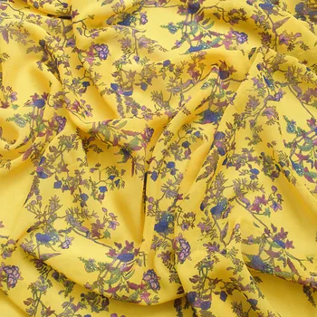 

one meter High quality high twist Chiffon tissu Golden plant flower print in spring and summer fabric Soft clothing tissus