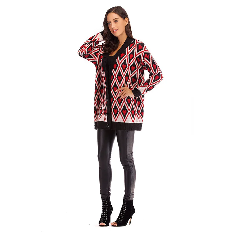 Autumn Spring Printed Fashion Women Sweaters V Neck Button Casual Geometric Women Loose Large Coat Women Sweaters