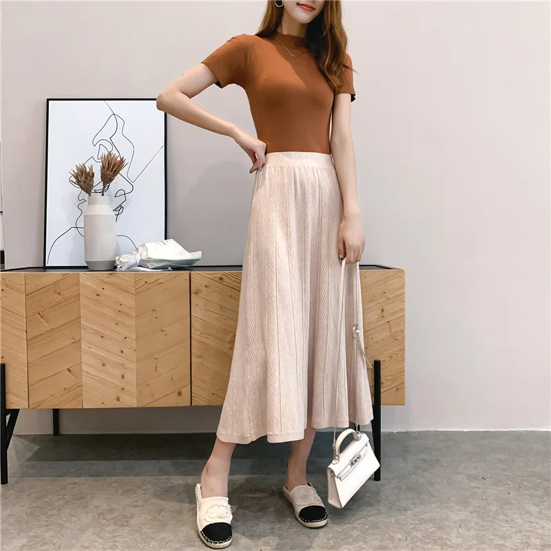Women Autumn Winter A Line Empire High Waist Elegant Long Sweater Skirt twill stripe