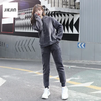 

2020 sport suit women black velvet tracksuit 2 piece set women Fall Winter Woman Clothes Casual Hooded Sweatshirt coat Plus Si