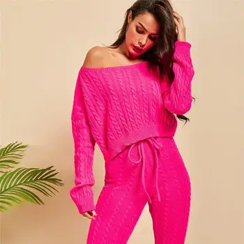 

2 Piece Set 2019 Autumn Women Knitted Set Solid Long Sleeve Crop Tops Fashion Sweater Pants Set