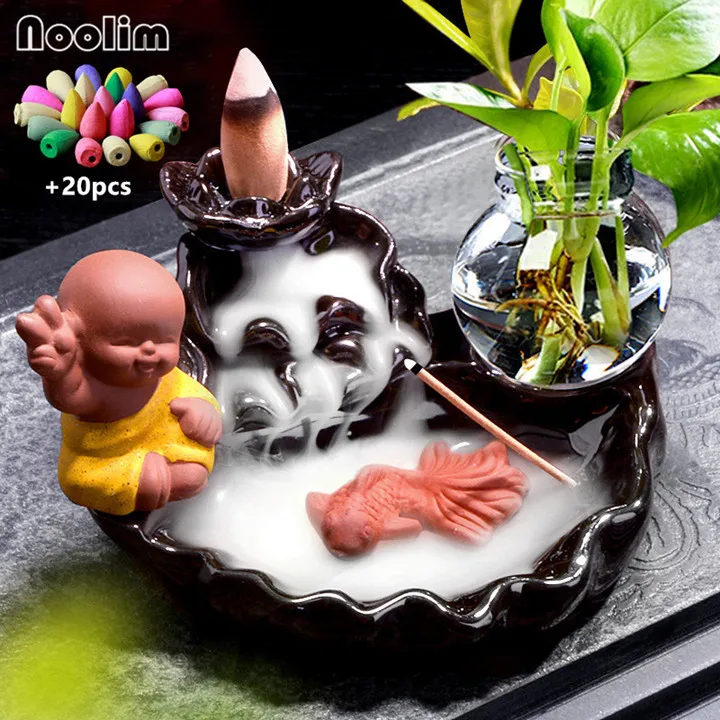 With 20pcs mixed-C Керамический маленький монах курильница для благовоний горелка печь для ароматерапии Творческий лотоса рыба подставка для ароматических палочек+ 20 шт Бесплатные конусы - Цвет: With 20pcs mixed-C