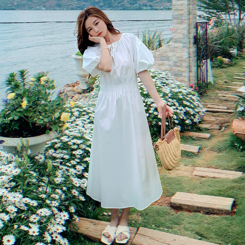 

2021 Summer New Arrival Women High-End White Puff Sleeve Vintage Dress Office Lady Elastic Waist Elegant Temperament Female