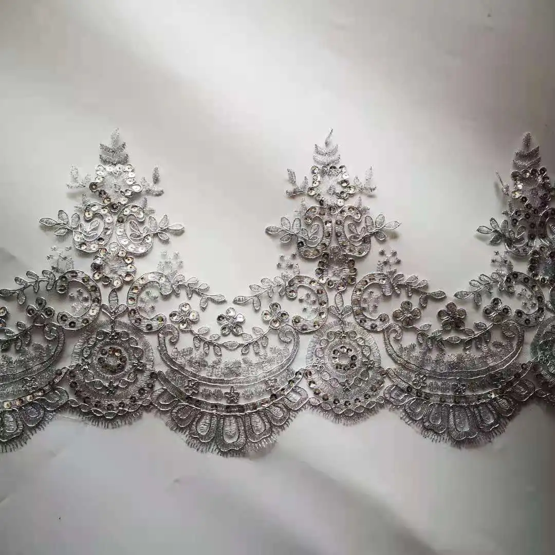 1Yard 21cm Wide Gold Silver Sequins Edge Polyester Embroidery Lace Trim for Bridal Wedding Gown Costume Design Lace Ribbon