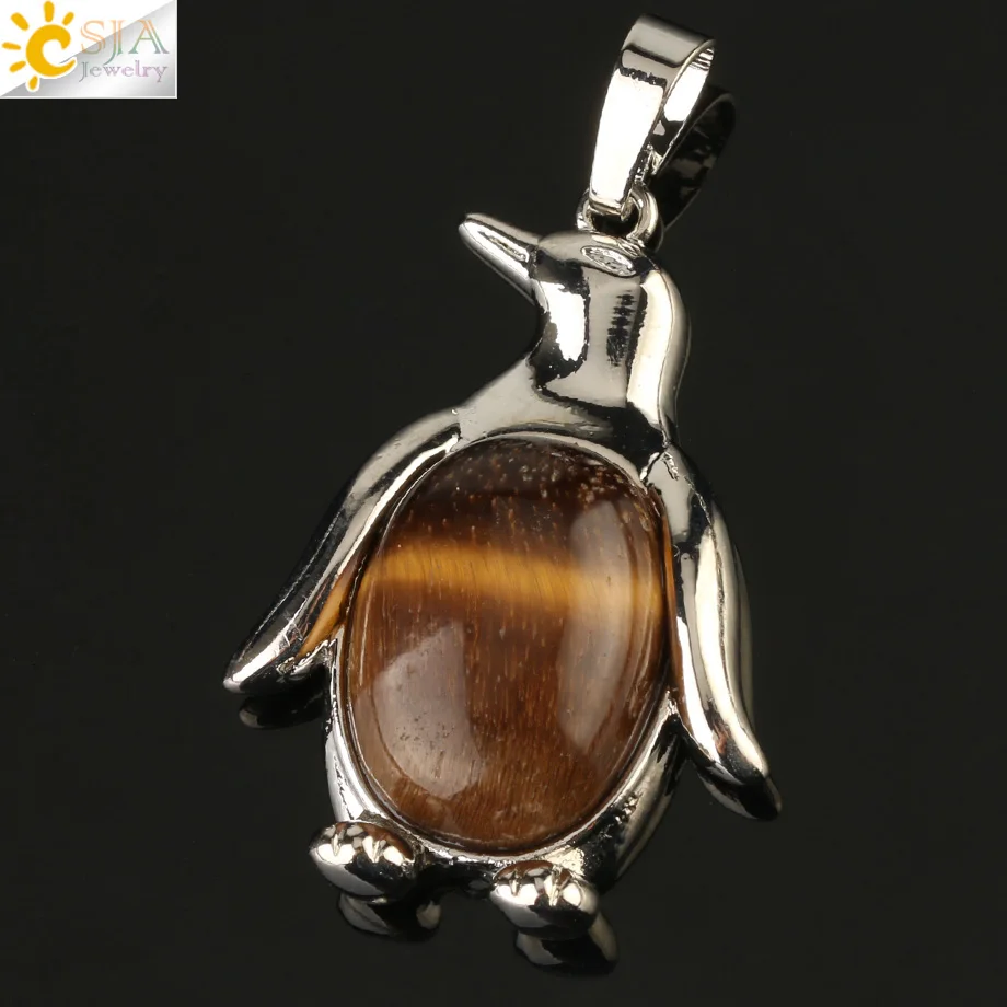Tiger Eye Csja Penguin Подвеска для ожерелья для женщин девочек натуральный камень криатальный тигровый глаз милые животные мужские модные ювелирные изделия подарок на день рождения G179 - Окраска металла: Tiger Eye