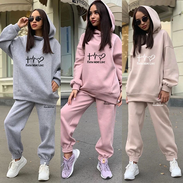 Chándal informal de 2 piezas para mujer, conjunto de pantalones y camiseta  con capucha de manga larga, color gris, para invierno, 2022 - AliExpress