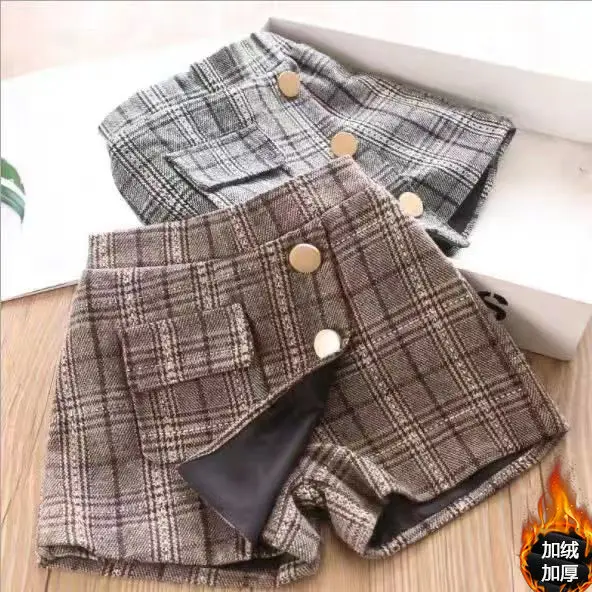 Детская юбка-брюки, Корейская клетчатая короткая юбка штаны для девочек из двух частей, Осень-зима, модные шорты для крупных девочек от 4 до 10 лет