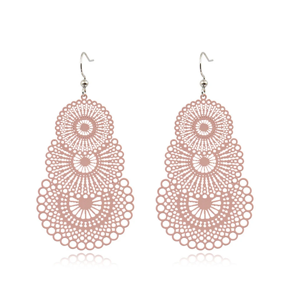 Red Round Earrings Bohemian Openwork Pattern Earrings For Women Big Statement Bridal Party Jewelry Long Drop