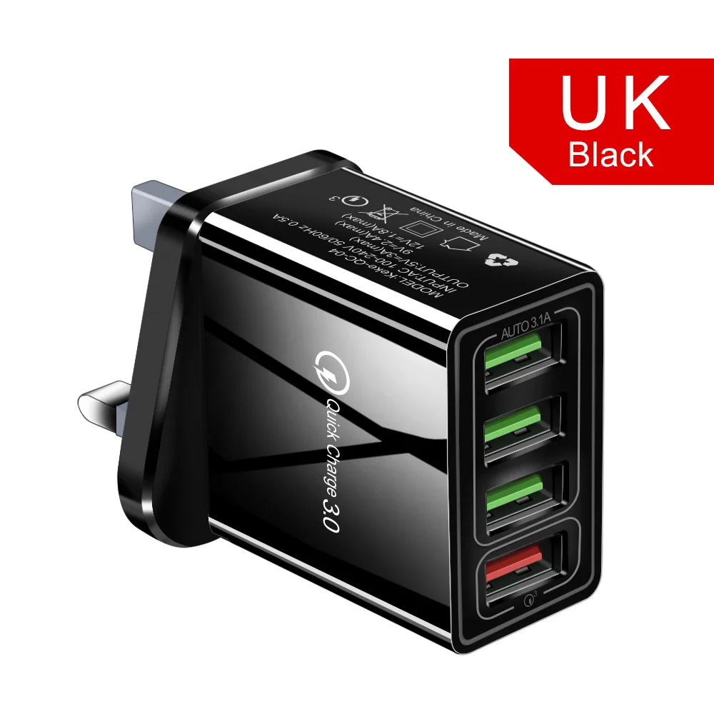 UK Black Charger 48 Вт Быстрая зарядка 3,0 USB зарядное устройство для телефона настенное 4 порта QC3.0+ 3 порта 5 в 3 А Быстрая Зарядка адаптер для iPhone X 7 samsung A50 Xiaomi - Тип штекера: UK Black Charger