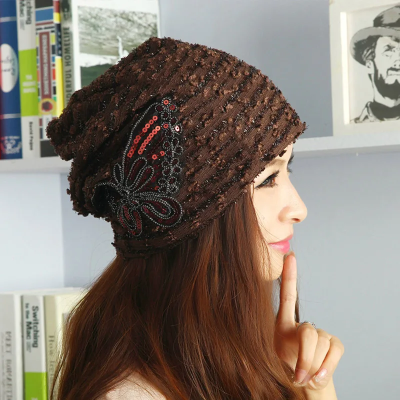 Coffee Fashion Women Summer Lace Sequin Butterfly Sunscreen Sun Hat Female Fashion Spring Autumn Windproof Warm Black Cap K38 - Цвет: Coffee