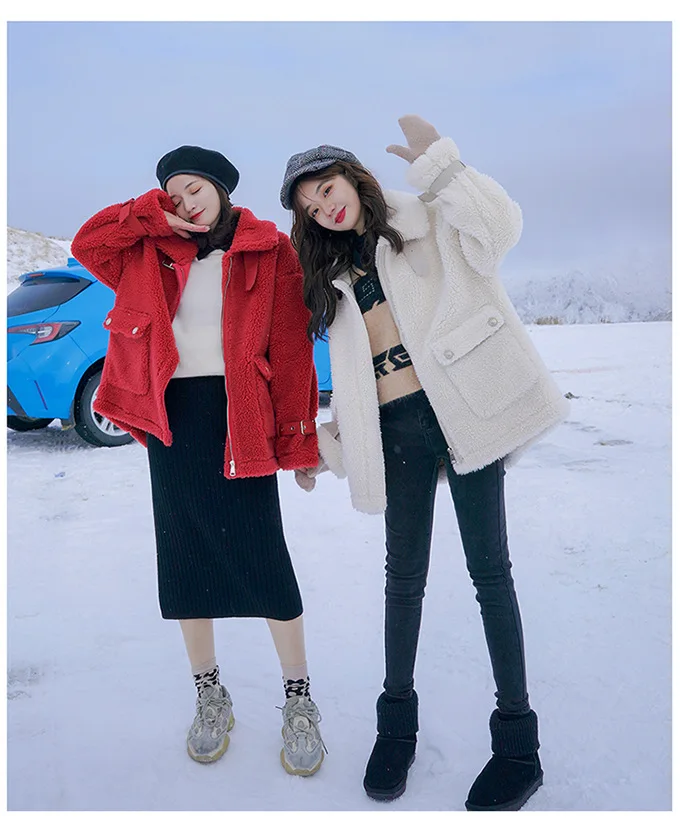 Фото фотосессия основной толчок шикарная овечья шерсть Off-white средней длины красивый стоячий воротник молния лучший друг плюшевая мотоциклетная куртка Wome