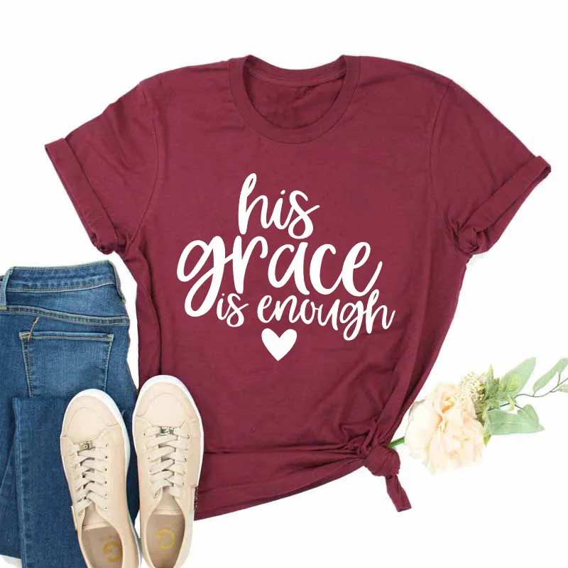 Футболка с надписью «his grace is enough» серая футболка с надписью «His Grace is enough» хлопковая футболка с надписью «his grace is enough» S-3XL - Цвет: burgundy-white text