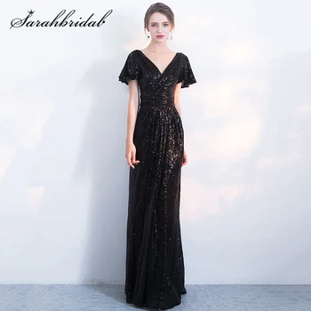 

Sparkle Evening Gown Maxi Sequin Short Sleeves V neck Women High Waist Zipper Party Dress Black Floor Length Vestidos WT3103