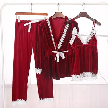 

Lace Sleep Set For Female Sleepwear Velour Casual Long Sleeve 3PCS Pajamas Suit Sexy Winter Pijamas Nightwear Home Clothing