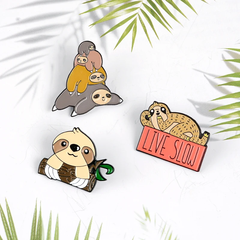 Cute sloth cartoon animal enamel brooch Climbing branches Riding a cake embrace listen to music Coffee cup Creative badge
