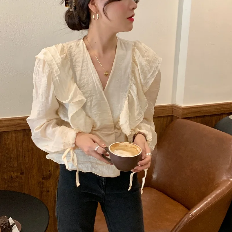 Женская винтажная блузка с длинным рукавом v образным вырезом и оборками