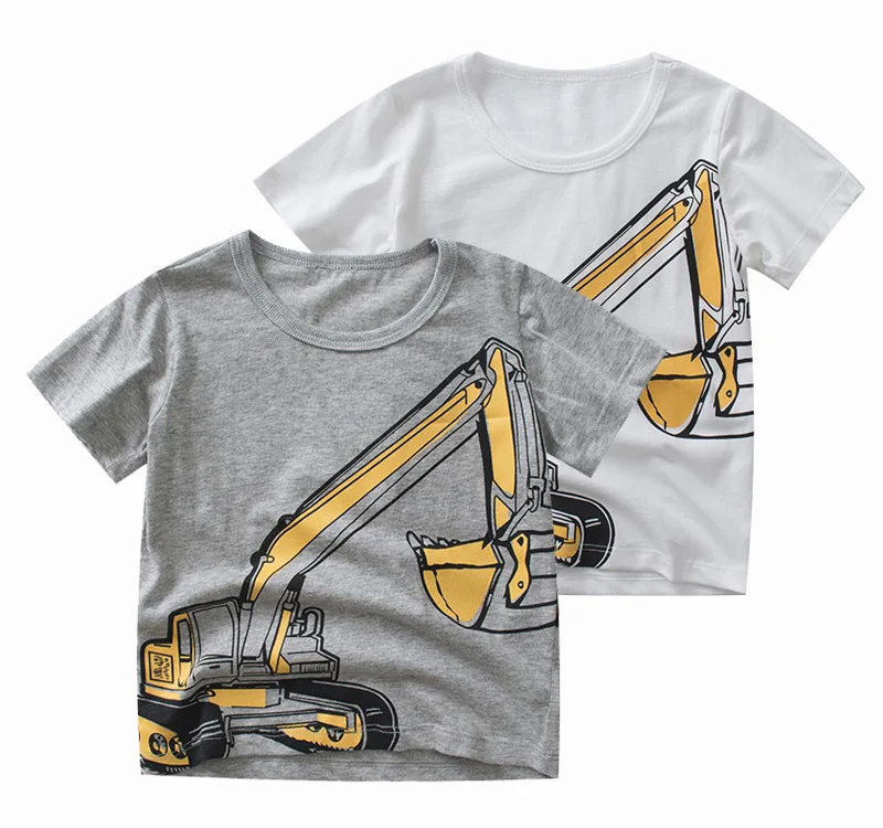 Летняя новая стильная детская футболка из чистого хлопка с принтом экскаватора и короткими рукавами; детская одежда для мальчиков