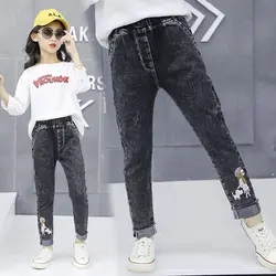 Новые джинсы для маленьких девочек милые черные джинсовые штаны с рисунком Повседневные детские брюки Одежда для девочек Vestidos
