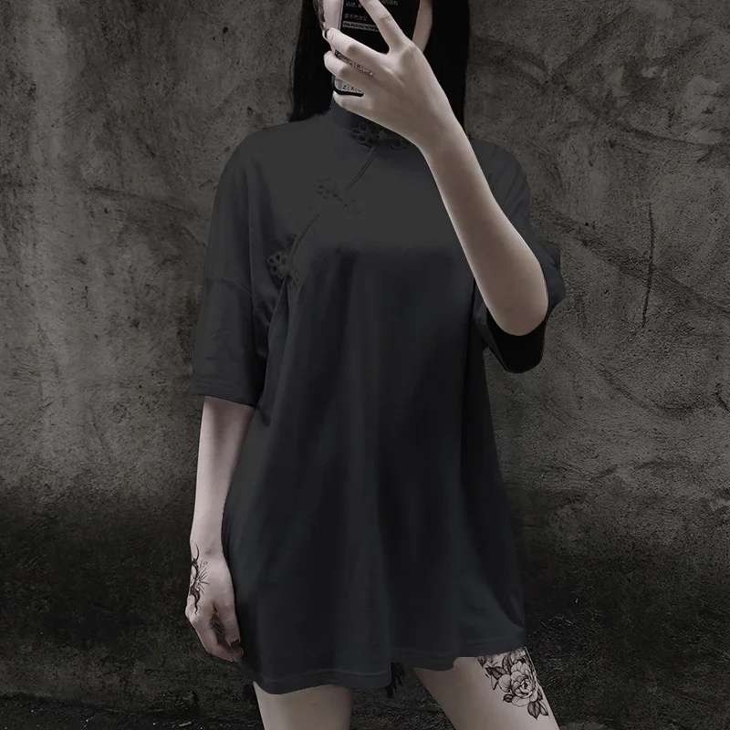 Fitshinling китайский стиль Cheongsam Футболка женская винтажная большой размер готический Топ пуговицы гранж свободная футболка женская одежда