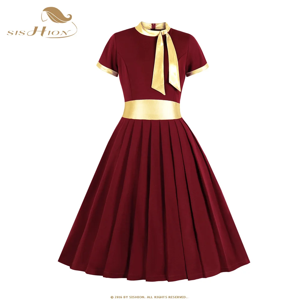  SISHION 2019 Elegant Short Sleeve Green Dresses Robe Party Rockabilly Casual Retro Dress 60 50s s V