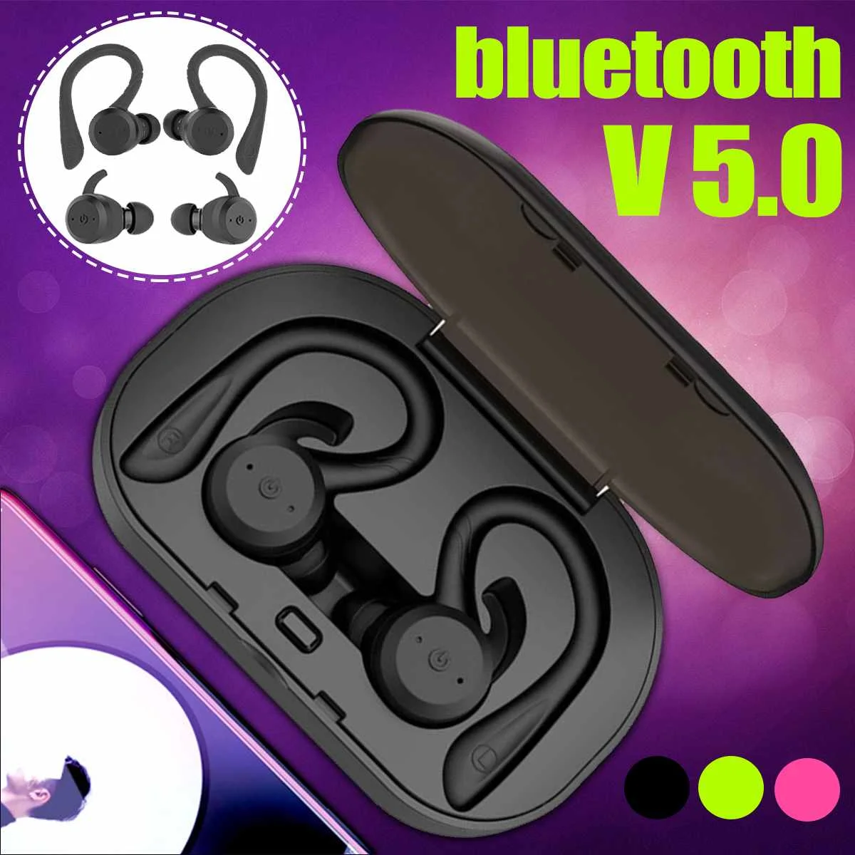 

bluetooth 5.0 Detachable Earhooks Earphones TWS Wireless IPX7 Waterproof Sport Headphone HD Heavy Bass Earbud Headset for Phone