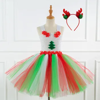 

Children's Christmas Tree Mesh Tulle Tutu Girls Princess Party Dress Pageant Evening Cosplay Costume + Reindeer Headband