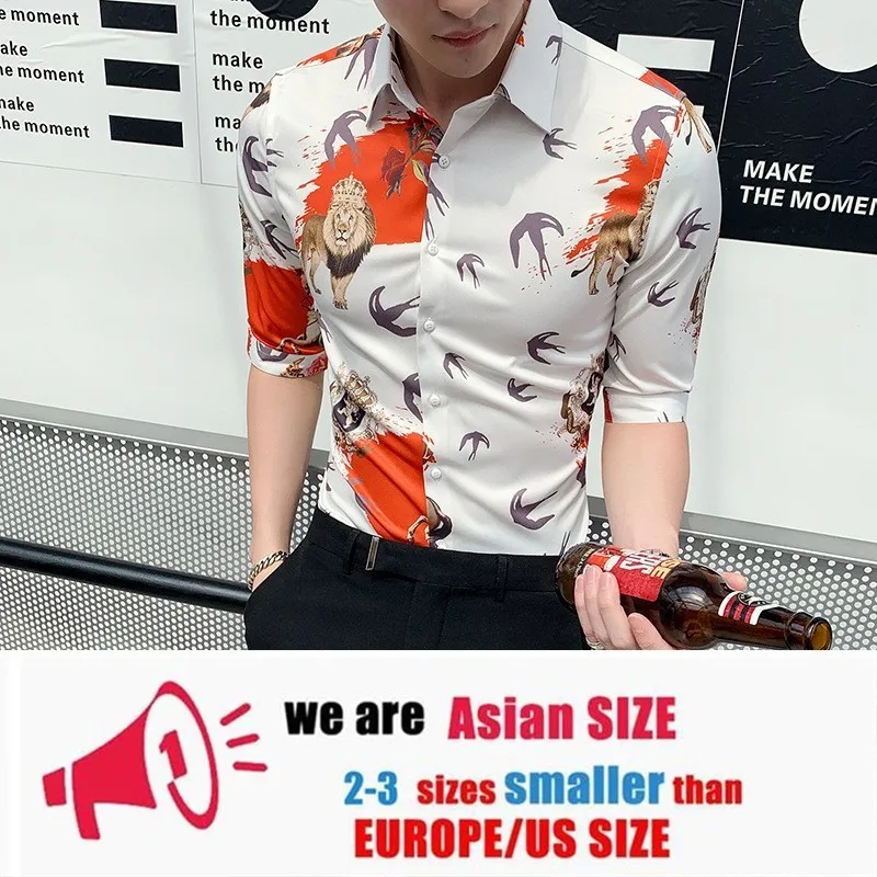 Рубашки с принтом Мужские повседневные приталенные рубашки Camisa Masculina рубашка с рукавом семь частей Красивая уличная одежда Camisas Feminina - Цвет: white