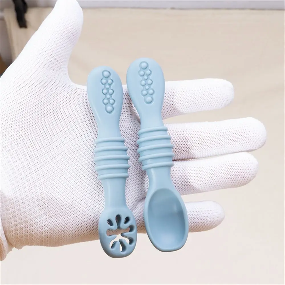 2Pcs/Set Baby Spoon Silicone Teether Toy Learning Feeding Scoop