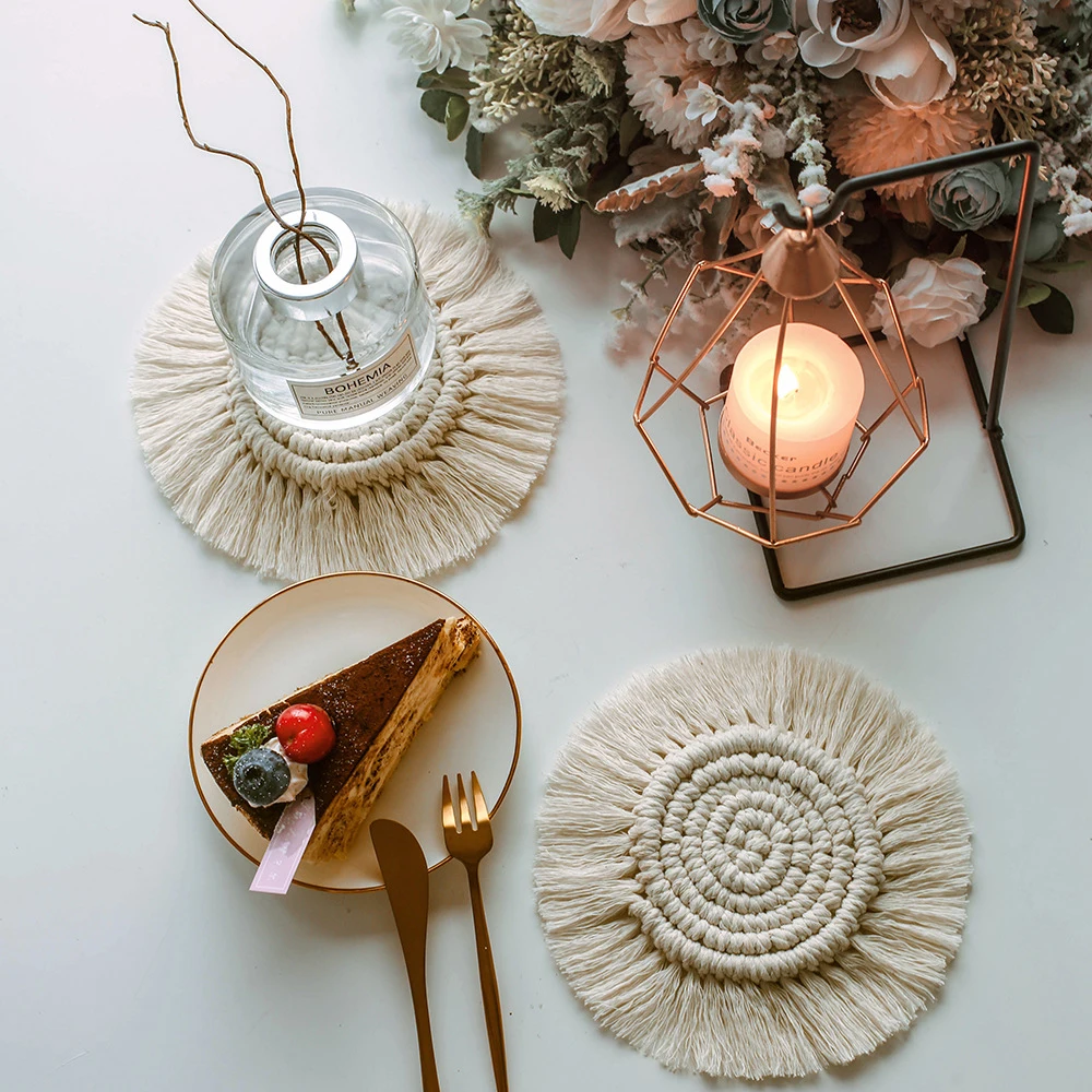 

Northern Europe Macrame Cup Pad Bohemia Tablecloth Table Mat Pure Handmade Cotton Braid Non-slip Insulation Mats For Kitchen