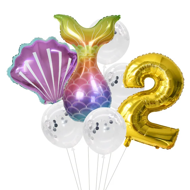 Little Mermaid Party Balloons 32inch Number Foil Balloon Kids Birthday Party Decoration Supplies Baby Shower Decor Helium Globos 7pcs number2 set