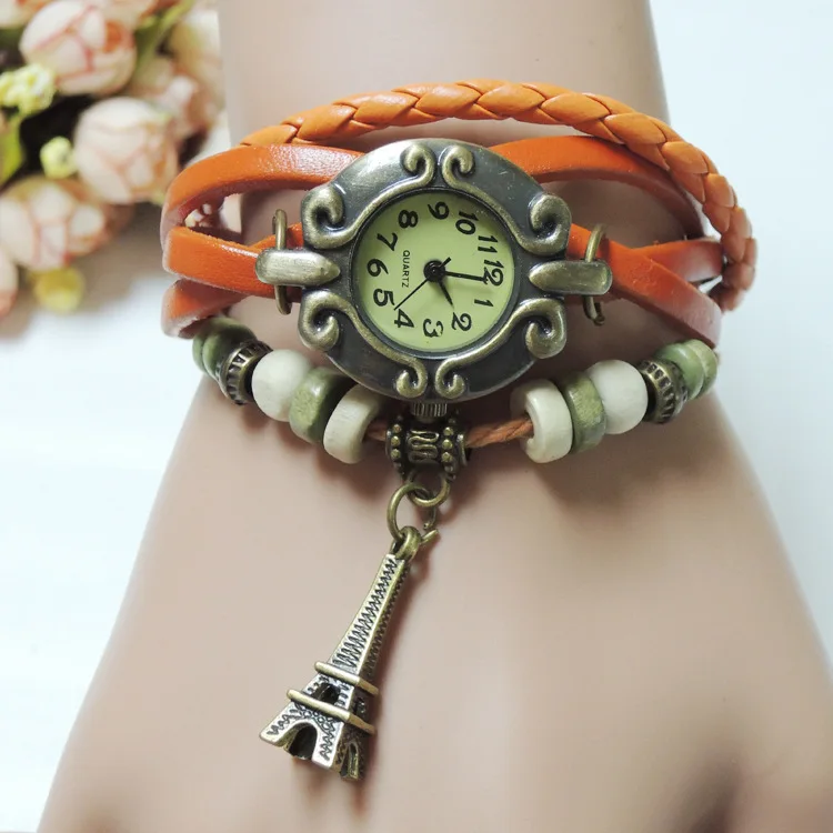 

Watch Fashion Cowhide Winding Bracelet Watch Women's Watch Students Iron Tower Bracelet Charm Retro Watch