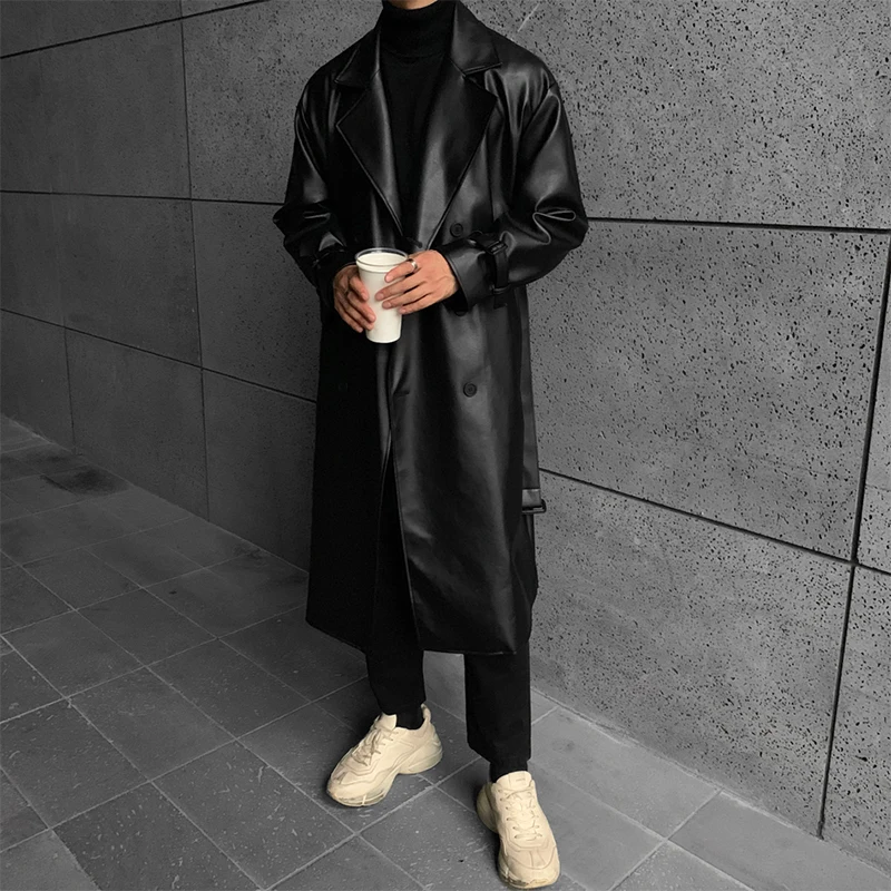 Men Vintage Long Black Leather Trench Jacket Double Breasted Overcoat Male Streetwear Hip Hop Punk Faux Fur Windbreaker Coat