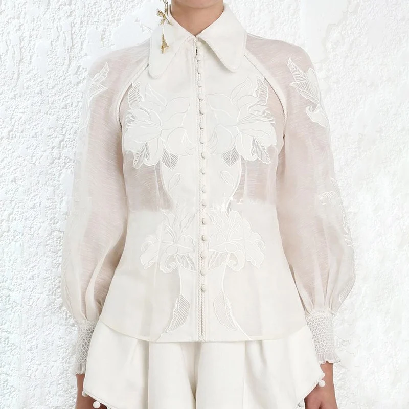 Кружевная вышивка Zim Брендовая женская блузка пышная с длинным рукавом белая сексуальная элегантная Осенняя винтажная подиумная дизайнерская женская блузка рубашка