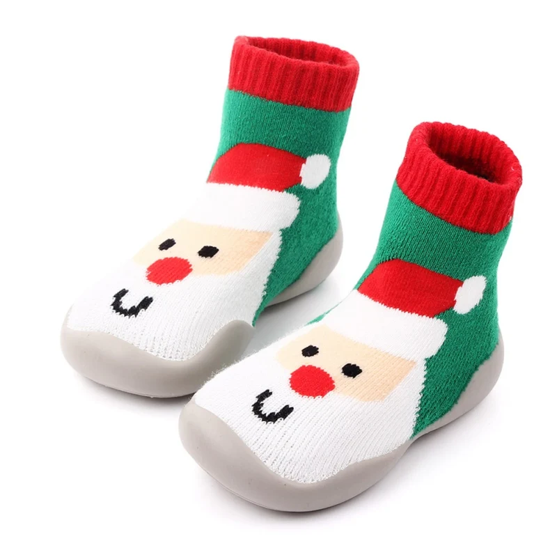 Осенне-зимняя хлопковая обувь в рождественском стиле для новорожденных мальчиков и девочек теплая Нескользящая прогулочная обувь с милым рисунком
