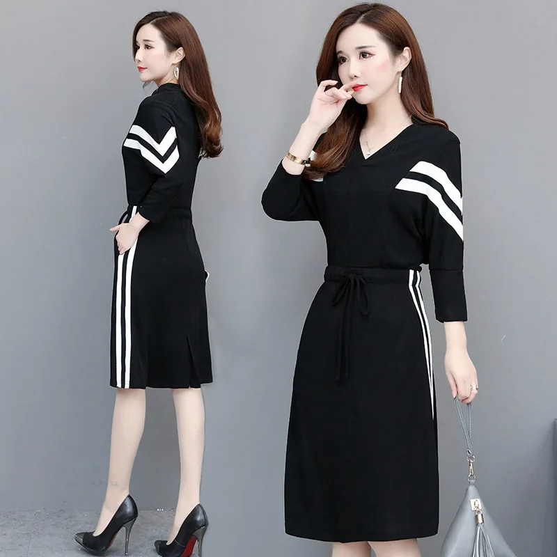 Весенняя одежда-женское элегантное женское платье с v-образным вырезом, западный стиль, средняя длина, талия, облегающее живот, Черное и белое