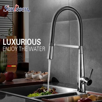 

Senlesen Chrome Kitchen Faucet Spring Hose Double Spout Pull Out Single Handle Vessel Sink Kitchen Mixer Taps