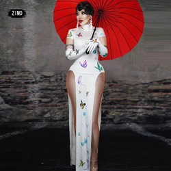 Vintage Cheongsam Singer Dancer stage Costume drag queen birthday dress women sexy print butterfly oriental folk chinese outfits