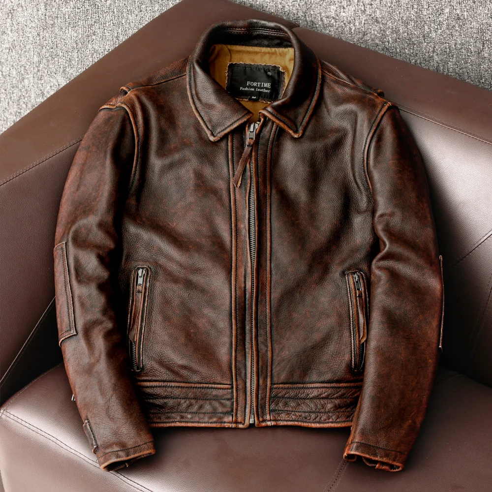 Chaqueta de cuero genuino de Estilo Vintage para hombre, abrigo de piel de vaca marrón, moda de motorista, talla asiática, grueso, envío gratis, 2020