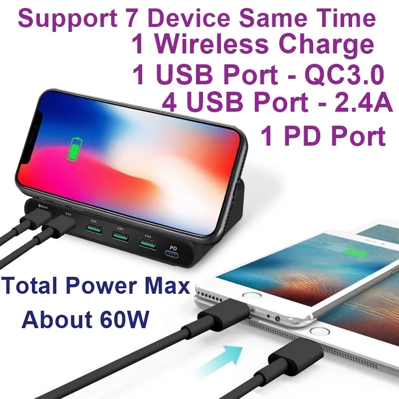 Tongdaytech 60 Вт Qi Беспроводное зарядное устройство для Iphone X 3 в 1 мульти USB быстрая зарядка 3,0 быстрое зарядное устройство для samsung Cargador Inalambrico