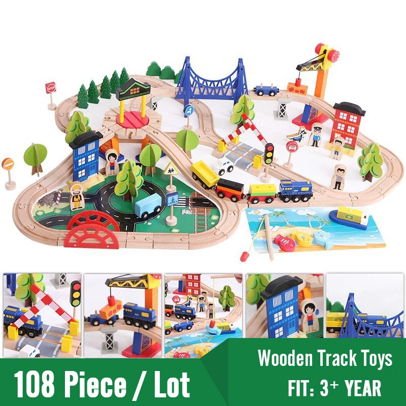 

108 PCS High Quality Wooden Railway Train Toys Set For Kids Birthday Gift Baby Puzzle Slot Transit Wood Tracks Rail Children Toy