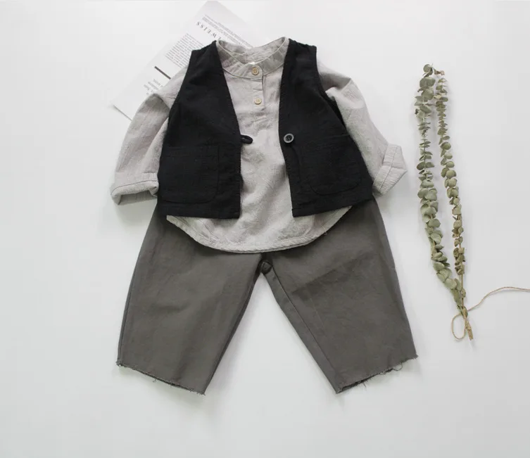 New Autumn Baby Boys Cotton Linen Shirts Pure Color Korean Style Children Shirts Stand-up Collar Kids Long Sleeve Tops boys long sleeve shirts