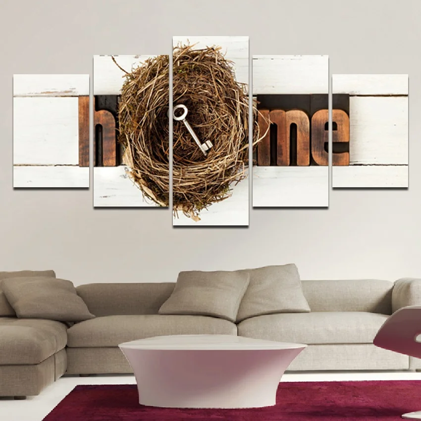 

Brown Letter Home and Bird's Nest Nordic Poster Simple Canvas Painting Hd Printing Five Pcs Picture Wall Art for Home Decor