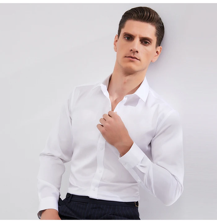 Men's 100% Cotton Non-iron Long Sleeve Solid Office Dress Shirt Pocket-less Design Standard-fit Formal Business Classic Shirts