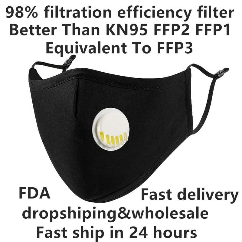 

Fast Delivery 98% Filterability Carbon Filter Cotton PM2.5 Mouth Mask Breath Valve Better Than KN95 FFP2 FFP1 Equivalent To FFP3