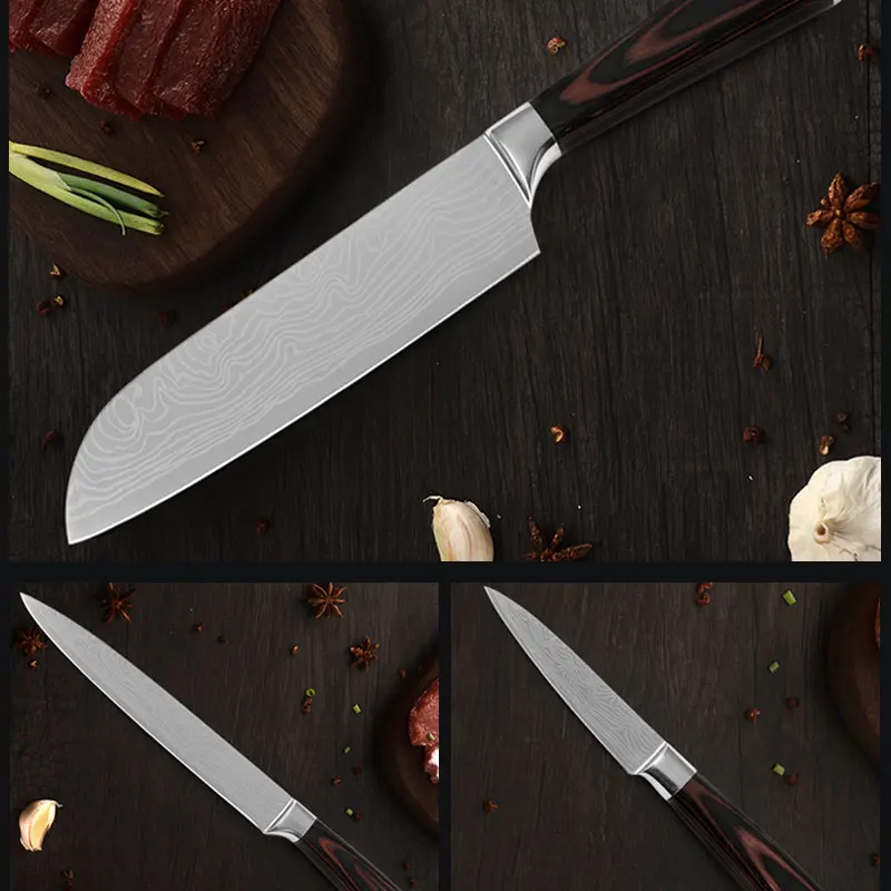 Набор ножей из нержавеющей стали Santoku 8 дюймов поварские ножи с ножками дамасский узор Кухонные гаджеты Инструменты Посуда Ножи держатель