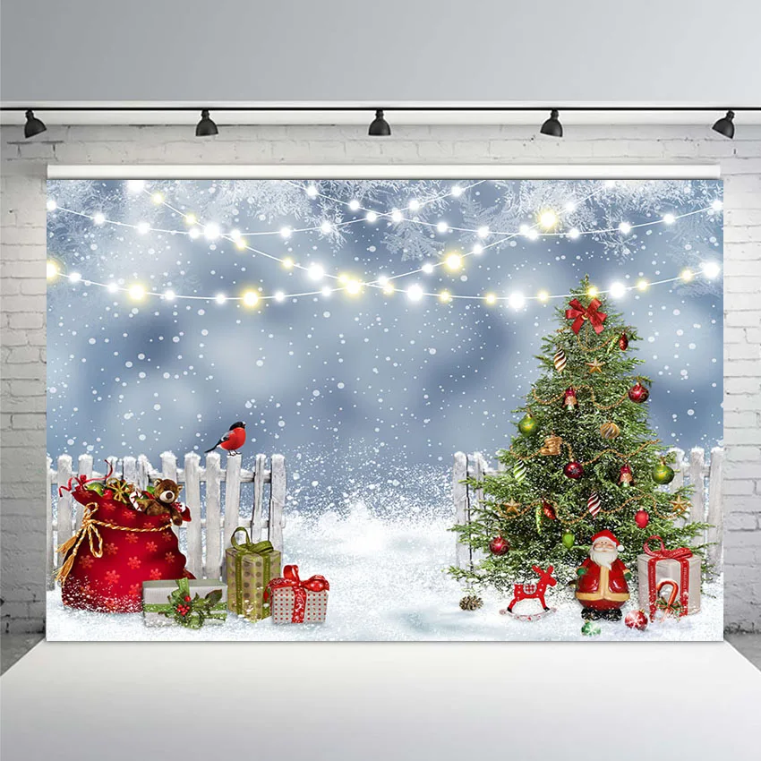 

Winter Wonderland Photography Background Photophone Glitter Christmas Tree Fence Light Snow Gift Backdrop Photocall Photo Studio