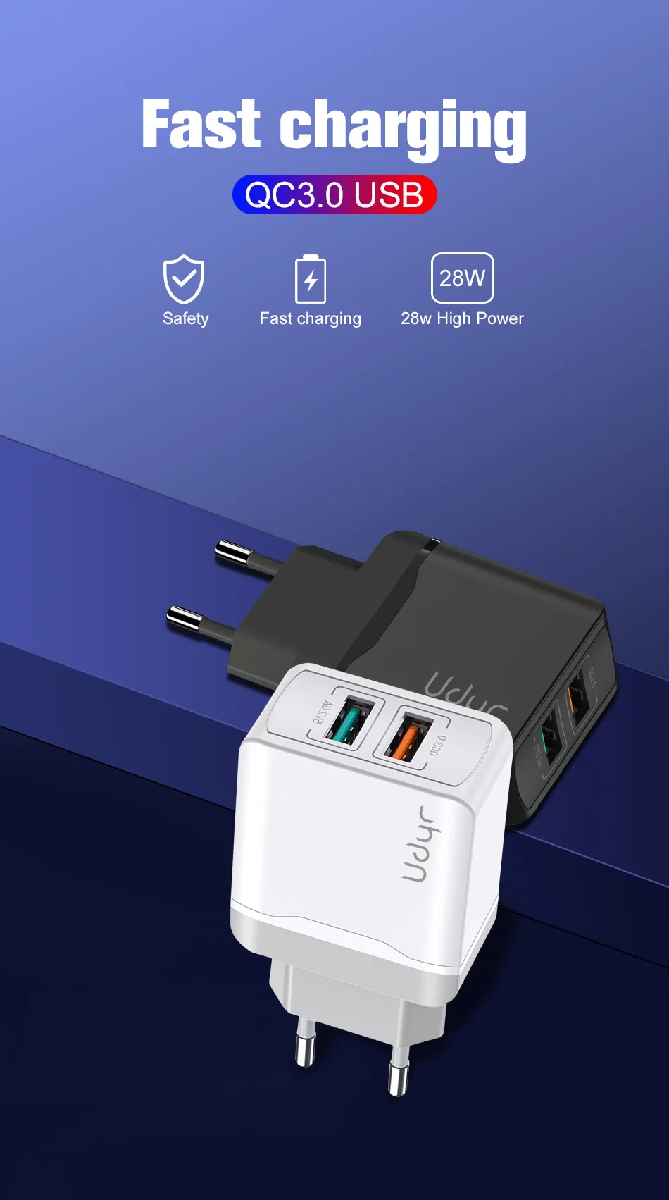 Udyr Quick Charge 3,0 28W QC 3,0 адаптер зарядного устройства с двойным USB EU вилка Дорожное настенное зарядное устройство для мобильного телефона для iPhone 11 samsung Xiaomi